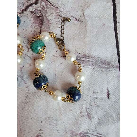 Gold Tone Faux Pear and Green/blue Beads Necklace Bracelet Set - Picture 2 of 8